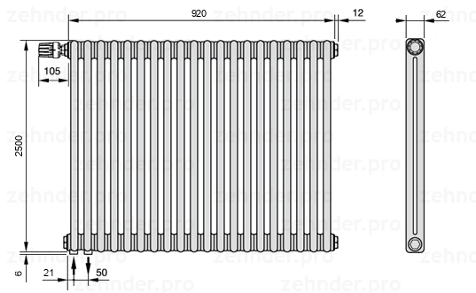 Схема (чертеж) Радиатор Zehnder Charleston 2250/20 №V001 Белый глянцевый RAL 9016